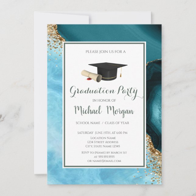 Graduation Cap Turquoise Marble Graduation Party Invitation (Front)