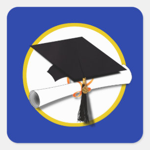 Graduation Cap w/Diploma - Blue Square Sticker