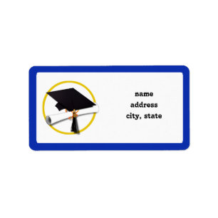 Graduation Cap w/Diploma - Dark Blue Background Label