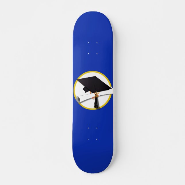 Graduation Cap w/Diploma - Dark Blue Background Skateboard (Front)