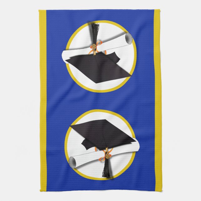 Graduation Cap w/Diploma - Dark Blue Background Tea Towel (Vertical)