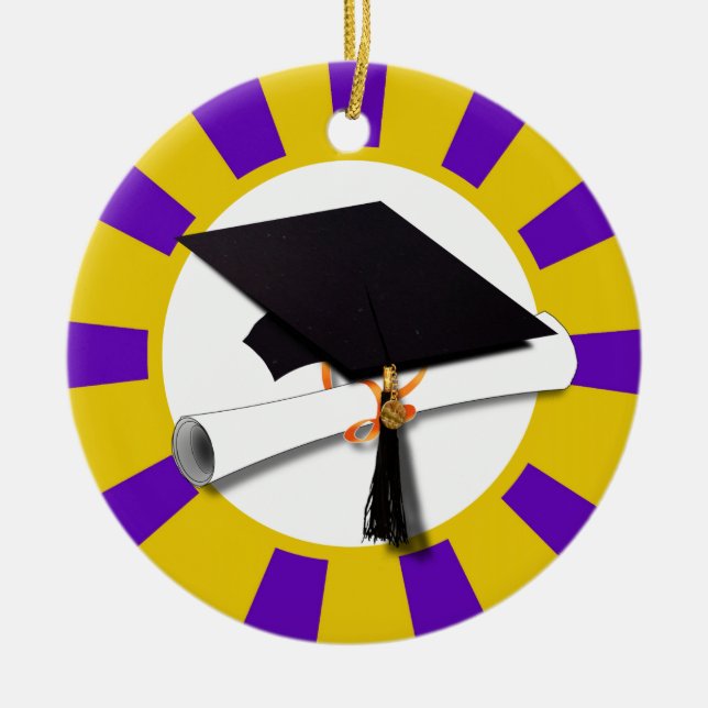 Graduation Cap w/Diploma - Gold & Purple Ceramic Tree Decoration (Front)
