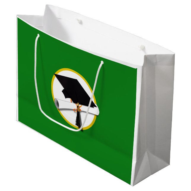 Graduation Cap w/Diploma - Green Background Large Gift Bag (Front Angled)