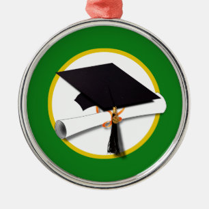 Graduation Cap w/Diploma - Green Background Metal Tree Decoration