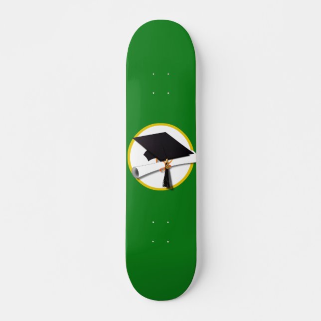 Graduation Cap w/Diploma - Green Background Skateboard (Front)