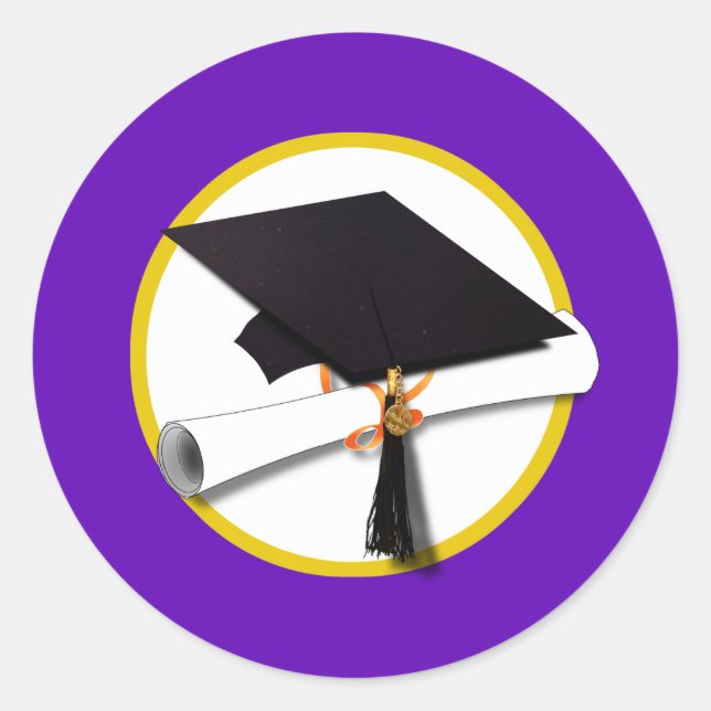 Graduation Cap w/Diploma - Purple Background Classic Round Sticker (Front)