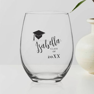 Graduation Cap Whimsical Calligraphy Personalised Stemless Wine Glass