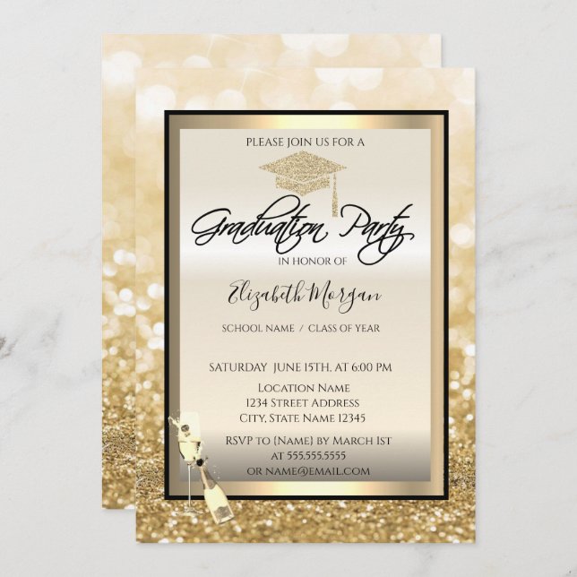 Graduation Cap,Wine Glass Gold Bokeh Graduation Invitation (Front/Back)