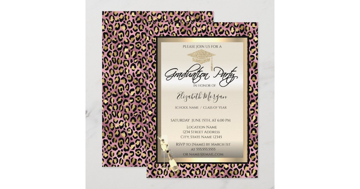 Leopard Graduation Invitations Graduation Cap,Wine Glass Leopard Print Graduation Invitation | Zazzle