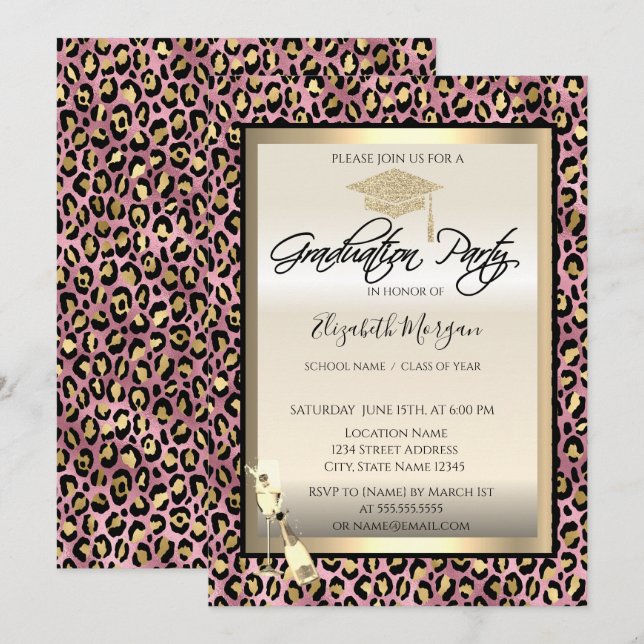Graduation Cap,Wine Glass Leopard Print Graduation Invitation (Front/Back)