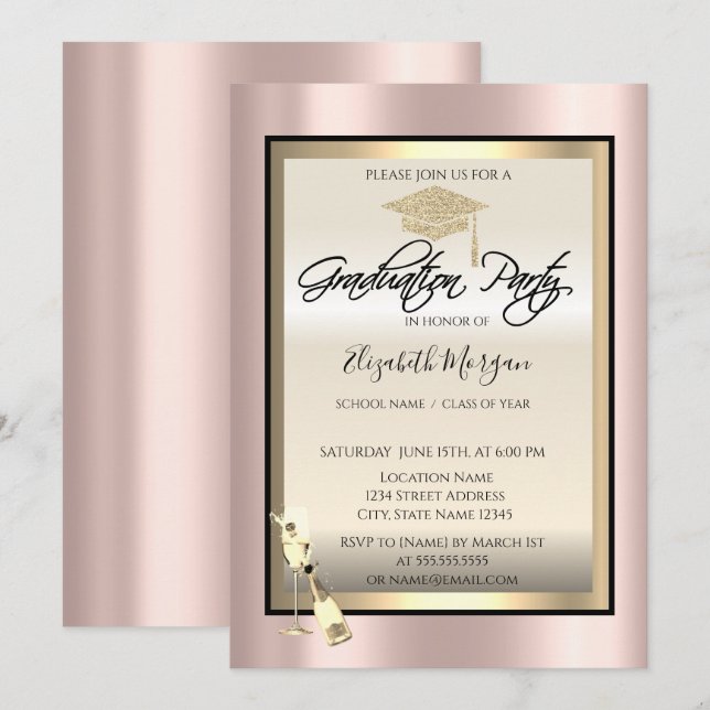 Graduation Cap,Wine Glass Rose Gold Graduation Invitation (Front/Back)