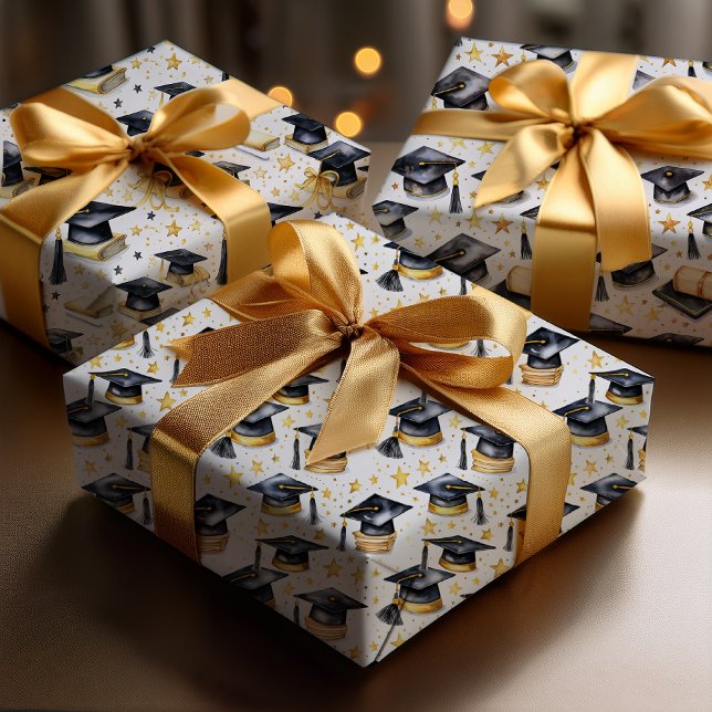 Graduation Caps and Diplomas Grad Celebration Wrapping Paper Sheet (Graduation Caps with Tassels, Diplomas and Mortarboards Accented with Stars Wrapping Paper Trio)