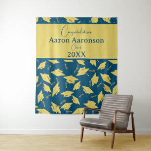 Graduation Caps Congratulations Blue & Gold Party Tapestry