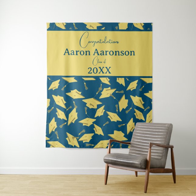 Graduation Caps Congratulations Blue & Gold Party Tapestry (In Situ)