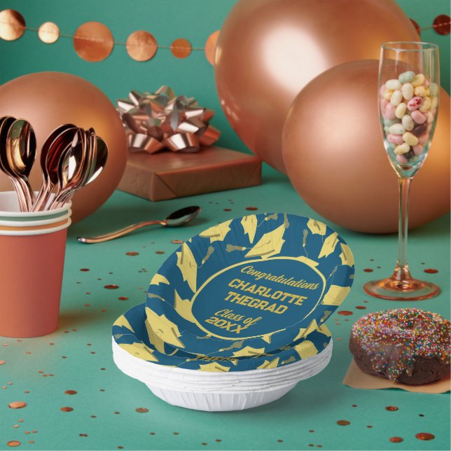 Graduation Caps Party Congratulations Blue & Gold Paper Plate (Multi)