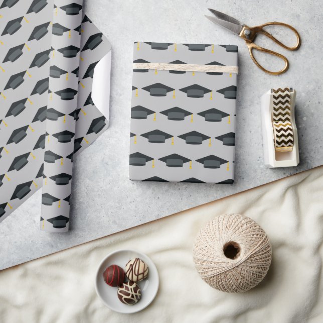 Graduation Caps Pattern Grey Wrapping Paper (Crafts)