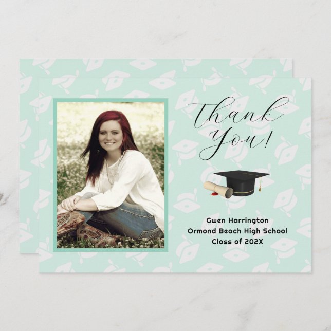 Graduation Caps Photo Thank You Message Cards (Front/Back)