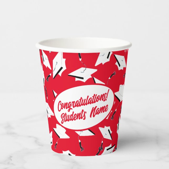 Graduation Caps Red and White Personalised Party Paper Cups (Front)