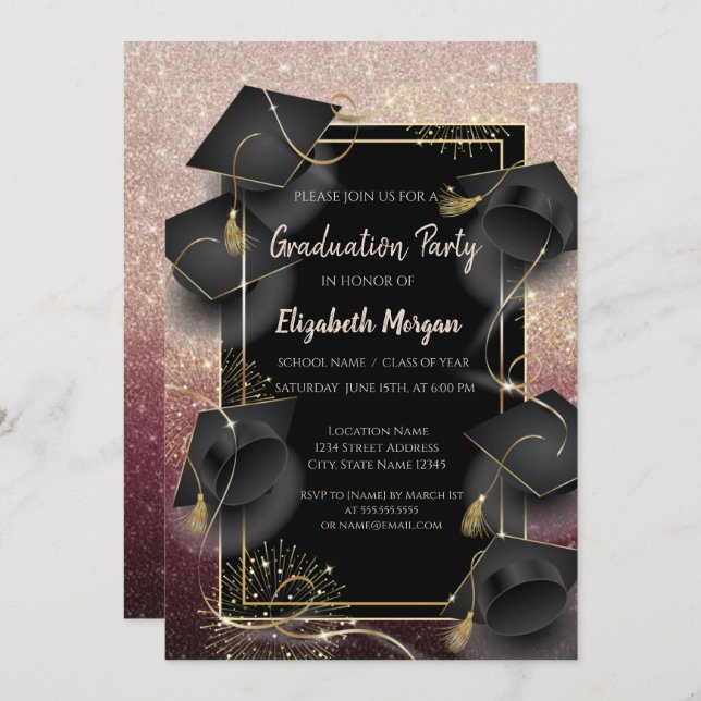 Graduation Caps Rose Gold Glitter Graduation Party Invitation (Front/Back)