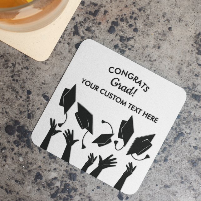 Graduation Caps Toss Modern Congrats Grad Custom Square Paper Coaster (Creator Uploaded)