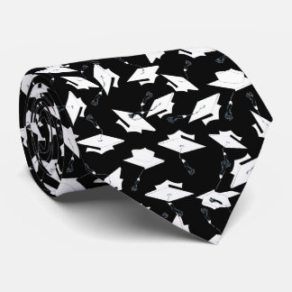 Graduation Caps Tossed Celebration White on Black Tie