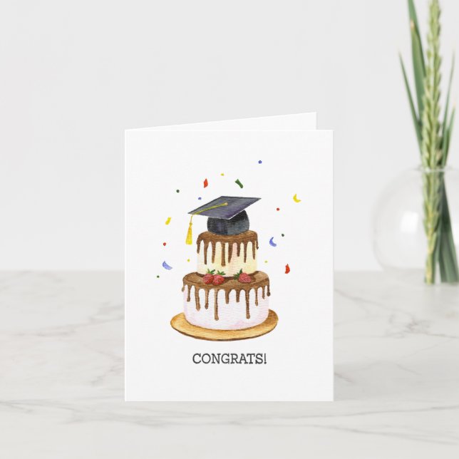 Graduation Card, Watercolor Cap With Cake Holiday Card (Front)