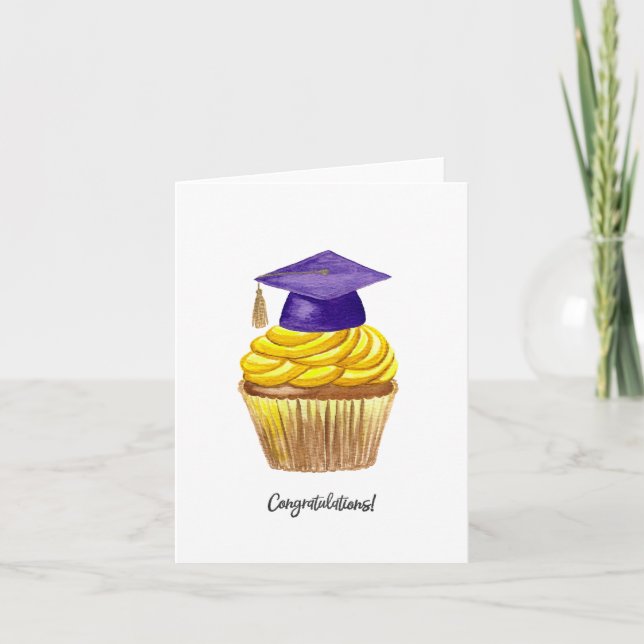 Graduation Card, Watercolor Cap With Cupcake Holiday Card (Front)