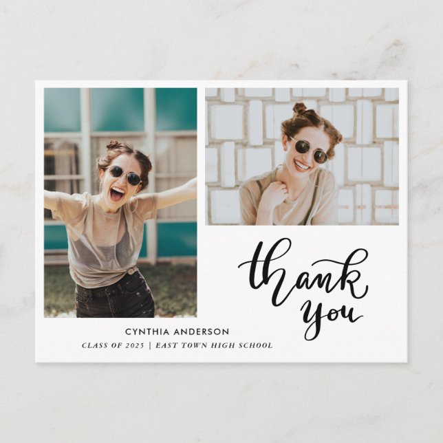 Graduation Casual Thank You Script Two Photo Postcard (Front)