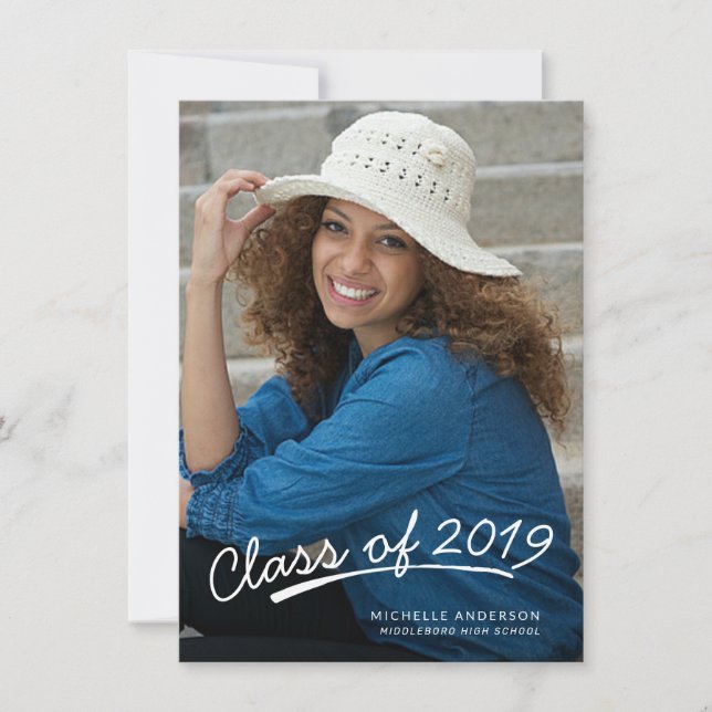Graduation Casual White Script Photo Announcement (Front)