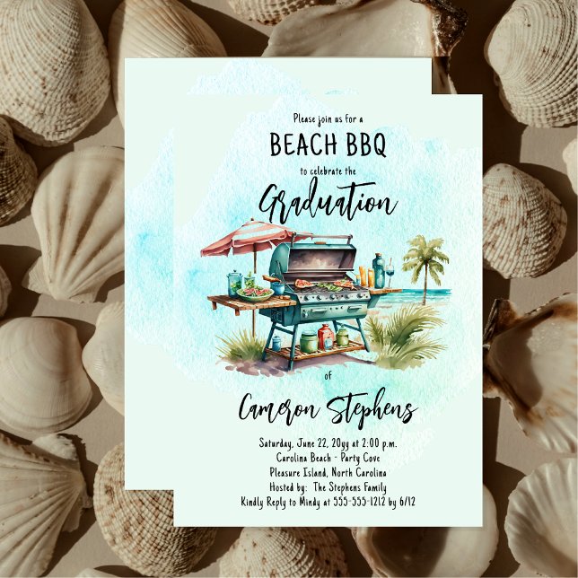 Graduation Celebration Beach BBQ Grill Invitation ("Beach BBQ" Grill Graduation Party Invitation for Print and/or Digital Download)