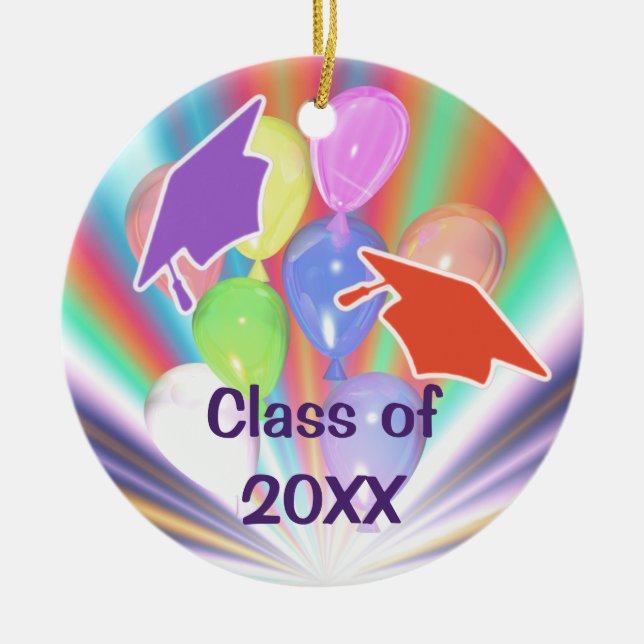 Graduation Celebration Caps and Balloons Ceramic Tree Decoration (Front)