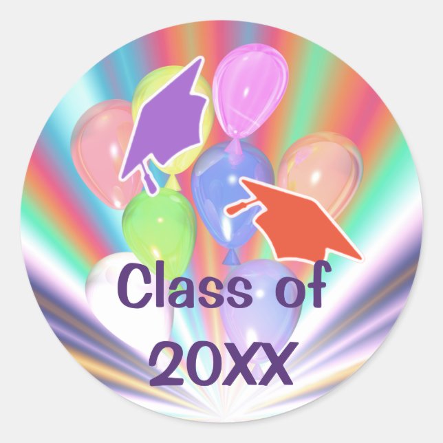 Graduation Celebration Caps and Balloons Classic Round Sticker (Front)