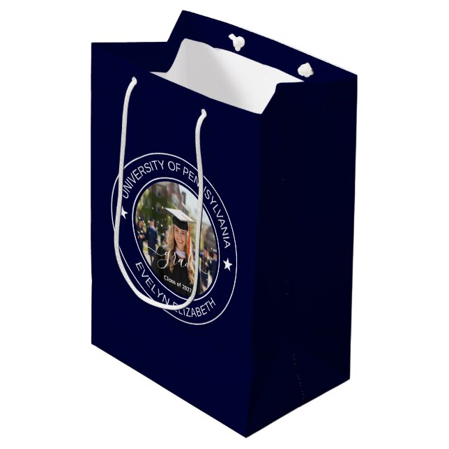 Graduation Celebration Classic Style Navy Medium Gift Bag (Front Angled)