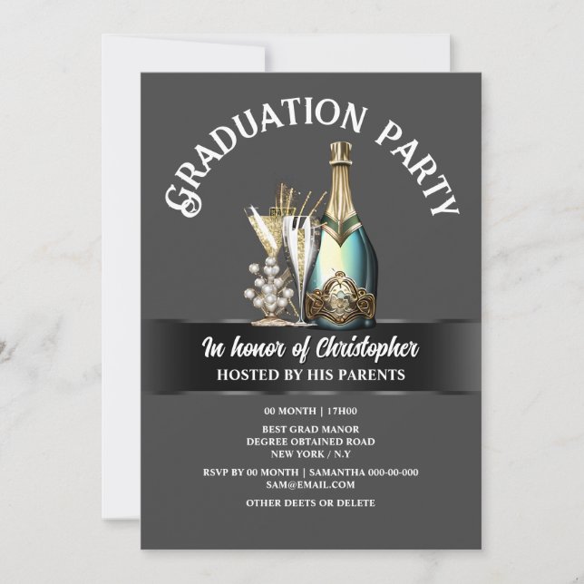 Graduation celebration sparkling wine bottle glass invitation (Front)