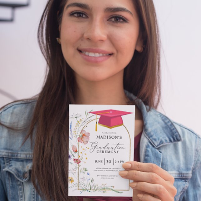 Graduation Ceremony WildFlowers Pink Grad Hat Invitation (Creator Uploaded)