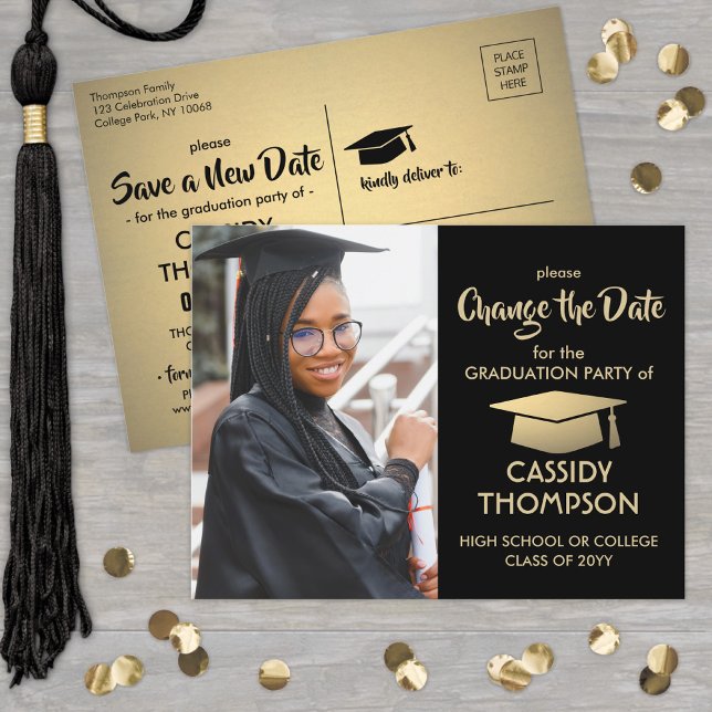 Graduation Change the Date Photo Black Gold Update Announcement Postcard (Creator Uploaded)