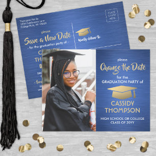 Graduation Change the Date Photo Blue Gold Update Announcement Postcard