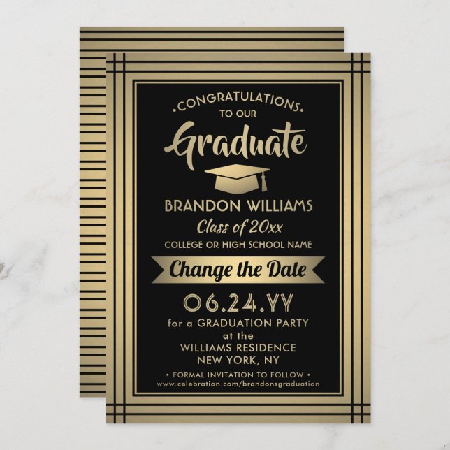 Graduation Change the Date Postponement Black Gold Save The Date (Front/Back)