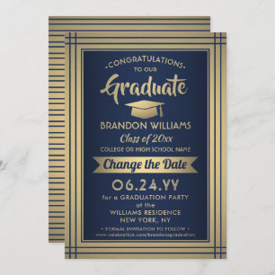 Graduation Change the Date Postponement Navy Gold Save The Date