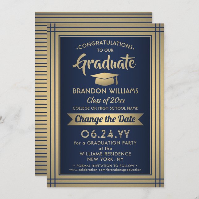 Graduation Change the Date Postponement Navy Gold Save The Date (Front/Back)