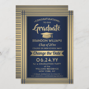 Graduation Change the Date Postponement Navy Gold Save The Date