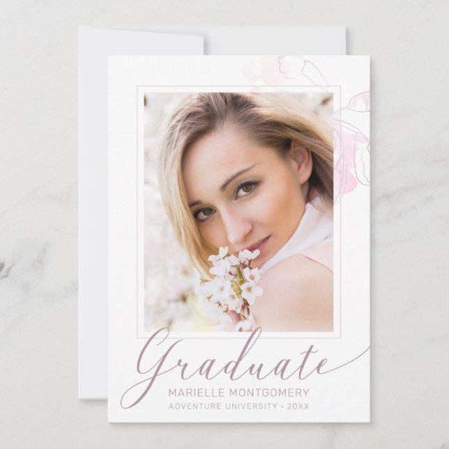 Graduation Chic Dusty Rose Script Floral Photo Announcement (Front)
