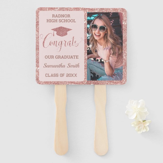 Graduation Chic Rose Gold Pink Graduate Photograph Hand Fan (Front and Back)