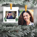 Graduation Christmas Rustic Trees Photo Keepsake Ceramic Ornament<br><div class="desc">Celebrate the graduate with this whimsical Graduation Photo Christmas Holiday Ornament! Cute, Modern yet Rustic Christmas Holiday Photo Square Ornaments featuring adorable little forests of rustic Christmas trees and Merry Christmas in modern typography. Add 2 of your favourite photos for the perfect ornament! Please contact us at cedarandstring@gmail.com if you...</div>