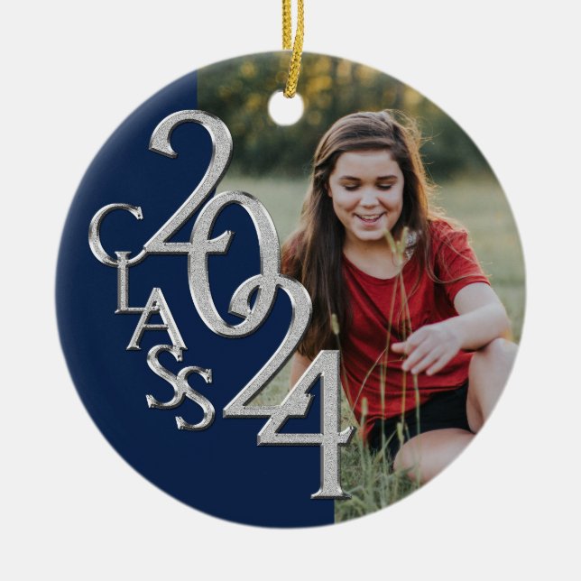 Graduation Class 2020 Photo Blue Silver Ceramic Tree Decoration (Front)