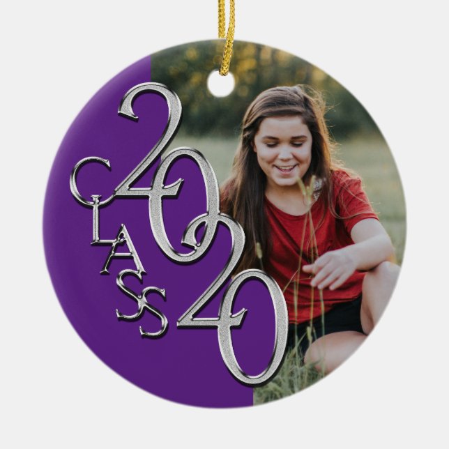 Graduation Class 2020 Photo Purple Silver Ceramic Tree Decoration (Front)