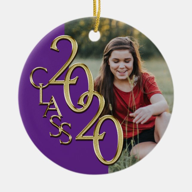 Graduation Class 2020 Photo Purple with Gold Ceramic Tree Decoration (Front)