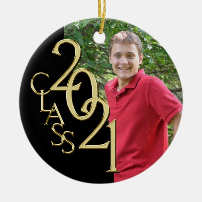 Graduation Class 2021 Photo Black with Gold Ceramic Tree Decoration (Front)