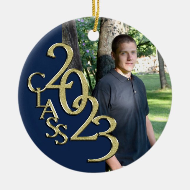 Graduation Class 2021 Photo Blue with Gold Ceramic Tree Decoration (Front)