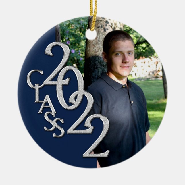 Graduation Class 2022 Photo Blue Silver Ceramic Or Tree Decoration (Front)